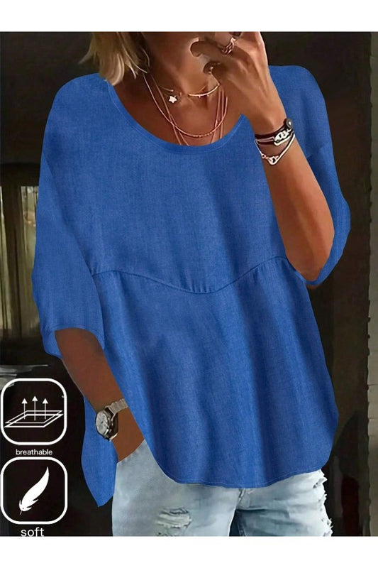 Blue Crew Neck Half Sleeves Loose Blouse