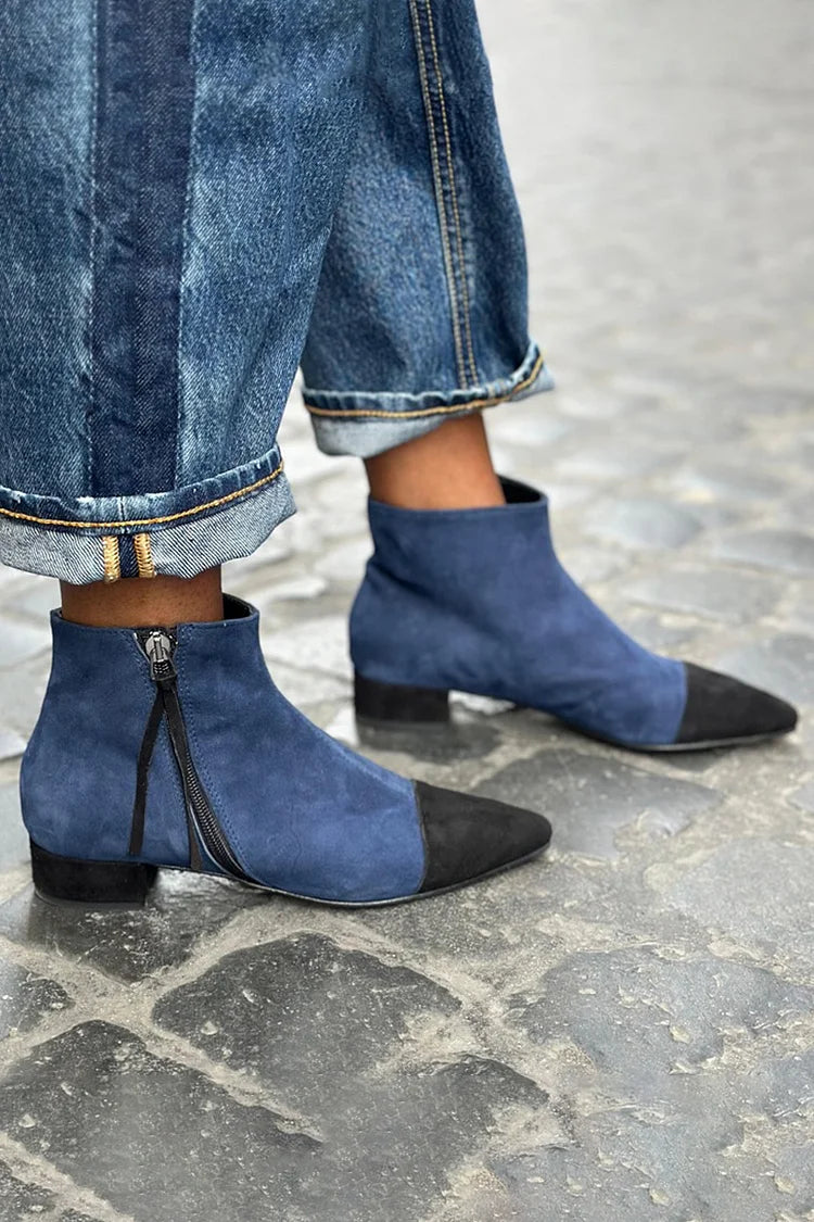 Colorblock Pointed Toe Zipper Navy Ankle Boots [Pre Order]