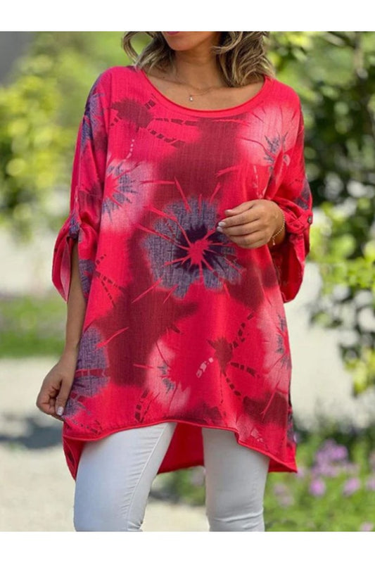 Floral Crew Neck 3/4 Sleeve Micro-Elasticity Casual Loose Blouse