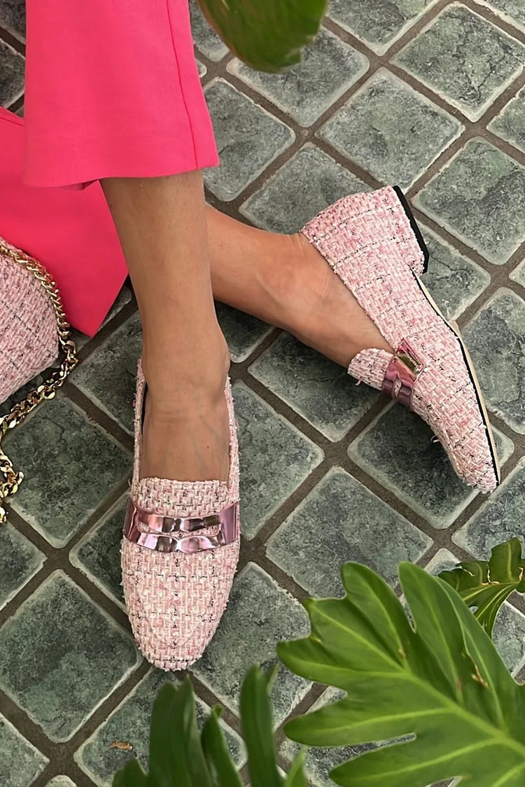 Metallic Sheen Patchwork Round Toe Pink Loafers [Pre Order]