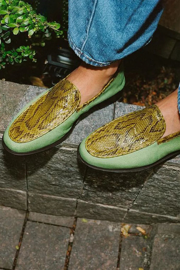 Snake Print Patchwork Round Toe Green Loafers [Pre Order]