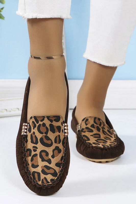 Leopard Print Patchwork Metal Decor Stitch Round Toe Loafers