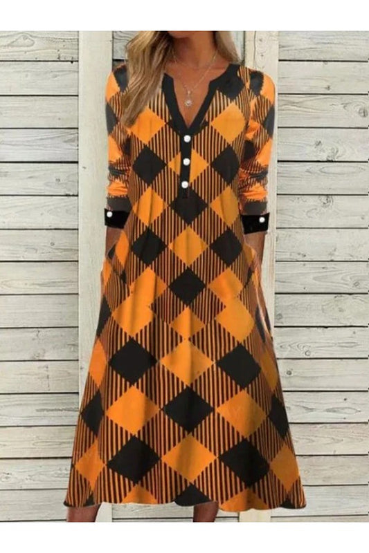 Casual Plaid Notched Long Sleeve Daily Maxi Dress