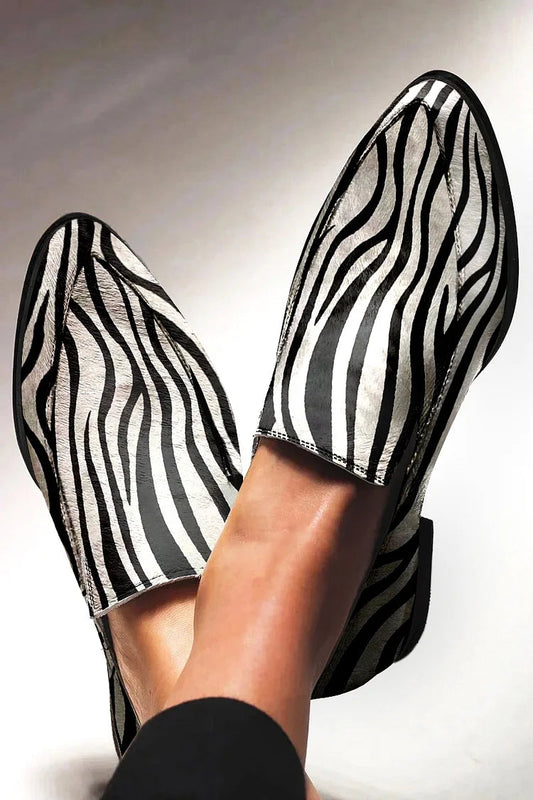 Zebra Print Pointed Toe Casual White Leather Loafers [Pre Order]