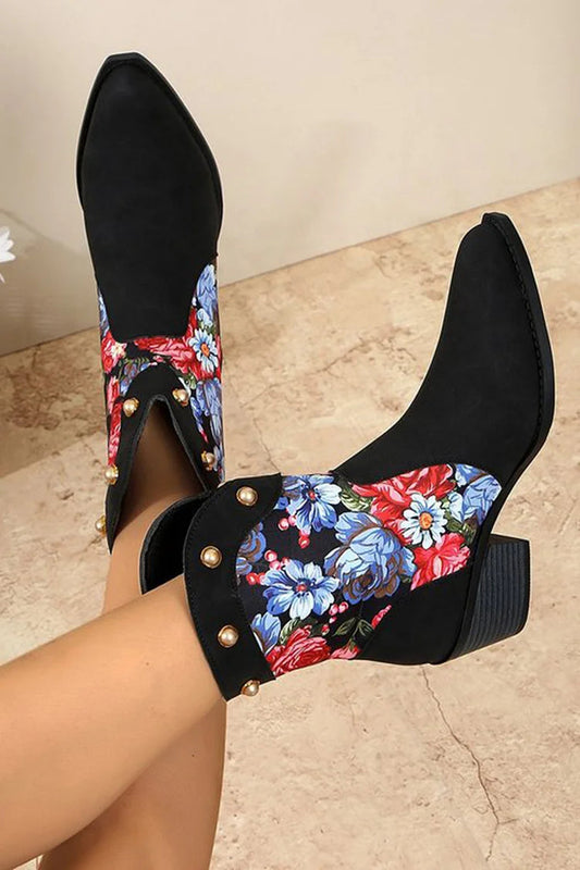 Patchwork Floral Print Metallic Studded Pointed Toe Cowgirl Boots