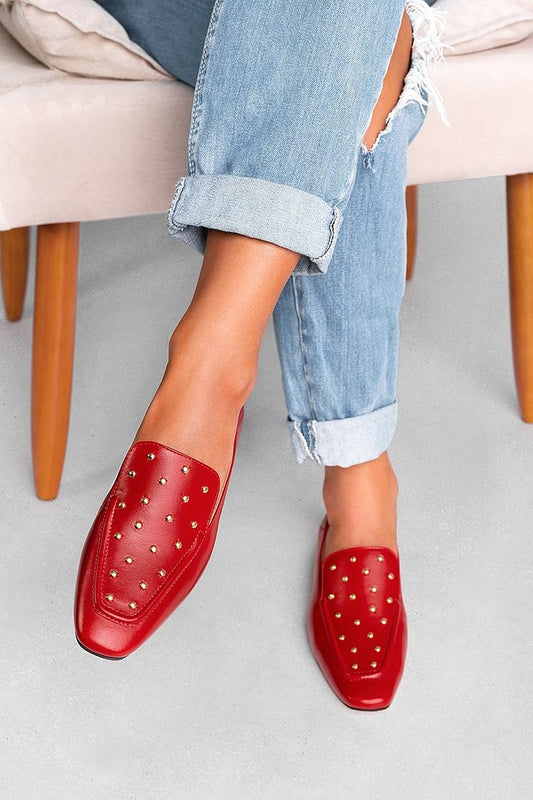 Metallic Studded Square Toe Casual Red Loafers [Pre Order]