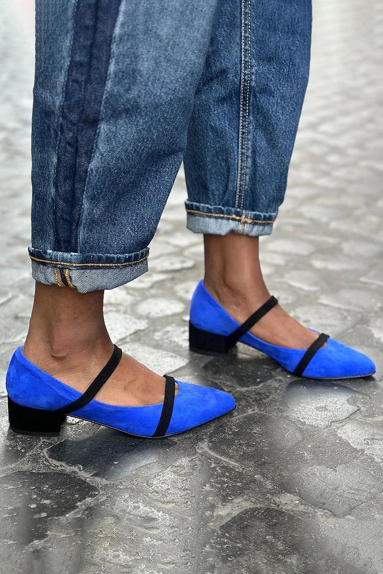 Colorblock Instep Strap Pointed Toe Blue Chunky Heels [Pre Order]