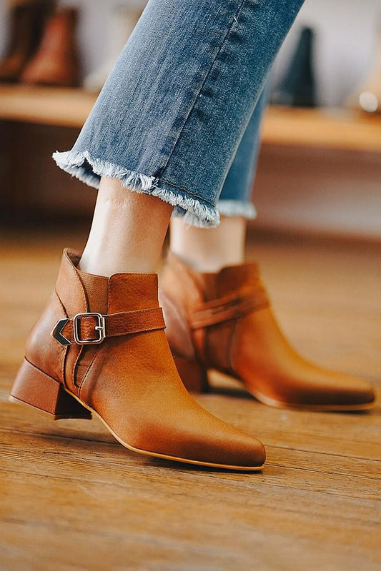 Patchwork Strap Buckle Pointed Toe Brown Ankle Boots [Pre Order]