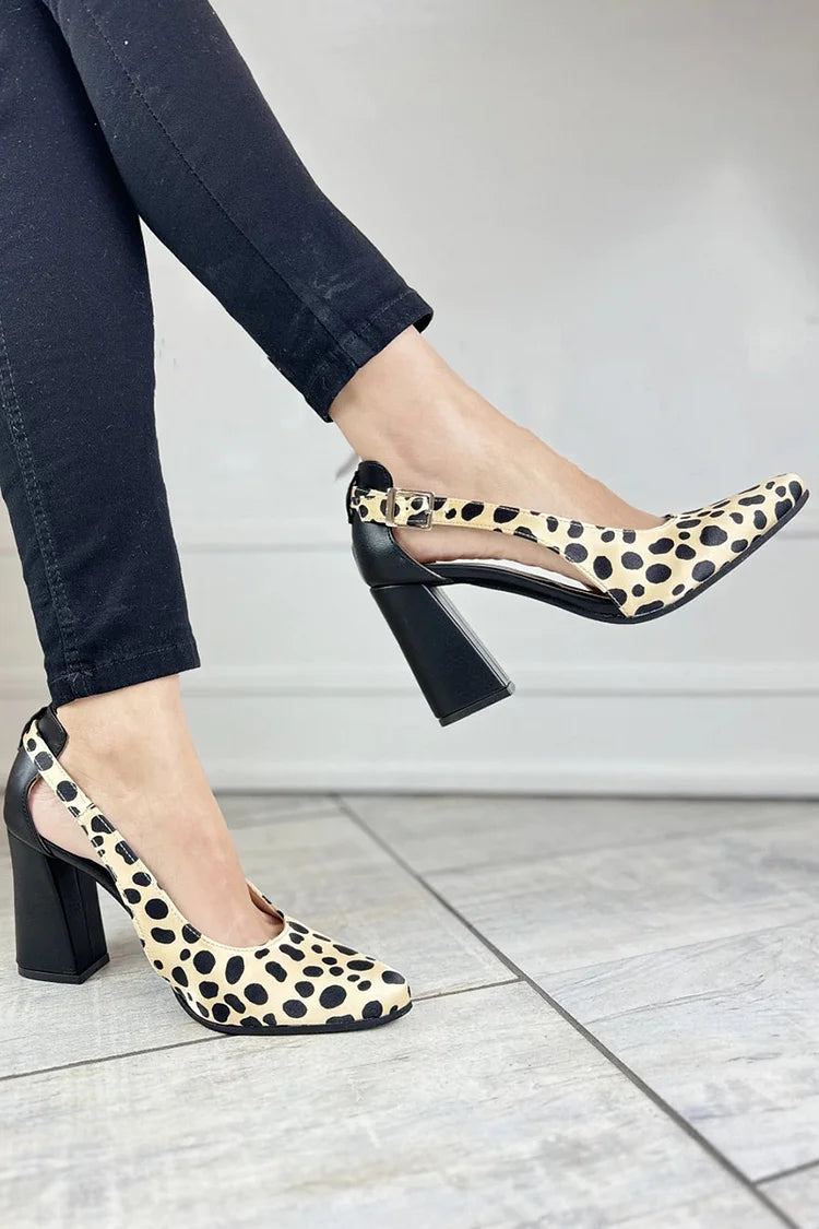 Leopard Print Cutout Pointed Toe Beige Chunky Heels [Pre Order]