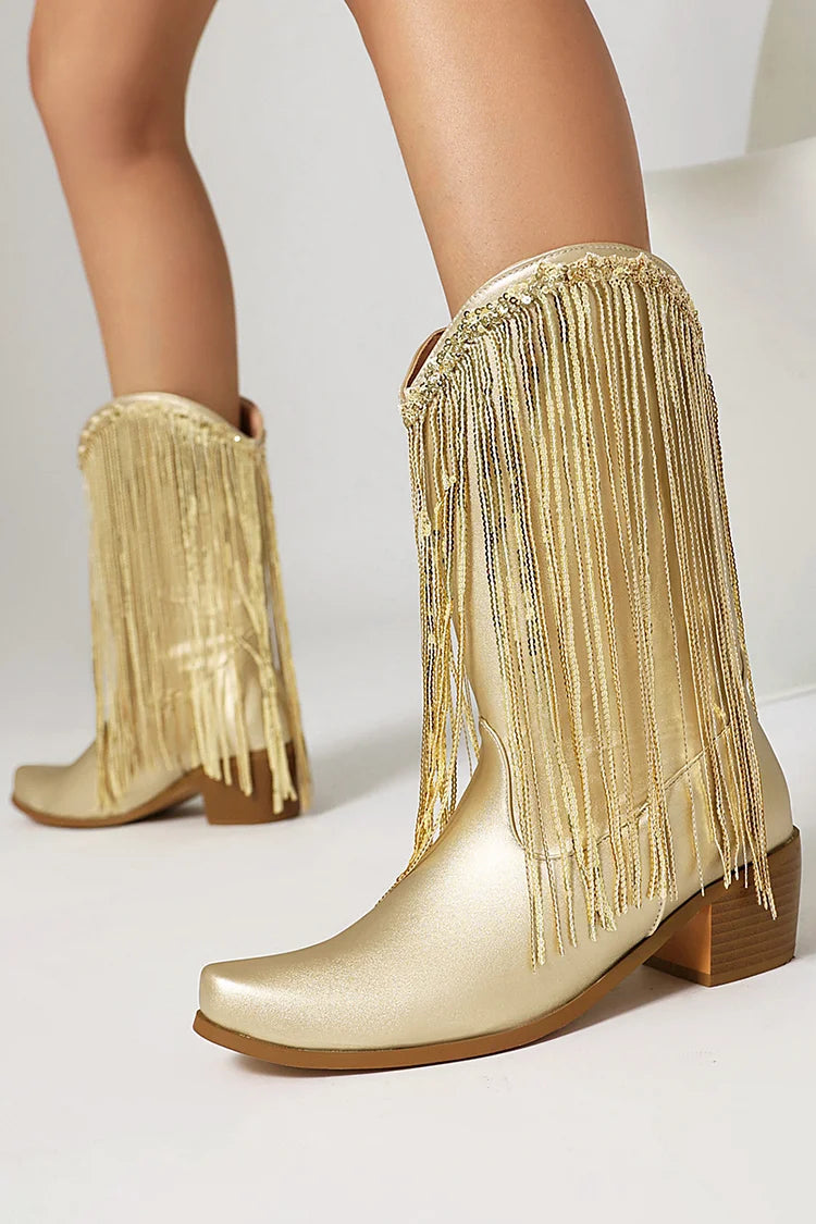 Metallic Sheen Fringed Trim Pointed Toe Chunky Heel Mid Boots