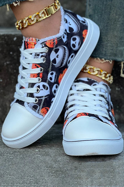 Halloween Pumpkin Ghost Head Print Raw Trim Lace Up Casual Shoes