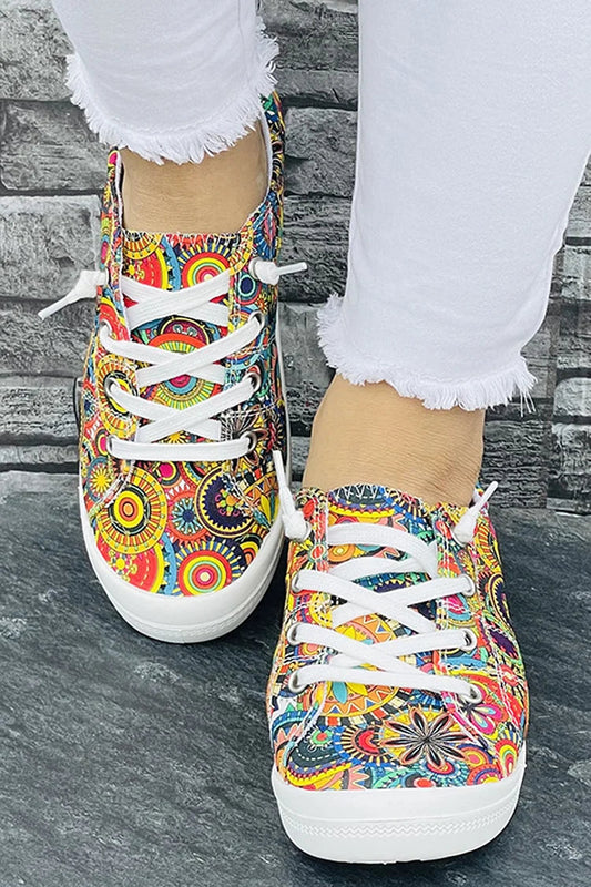 Colorful Round Flowers Print Lace Up Round Toe Casual Shoes