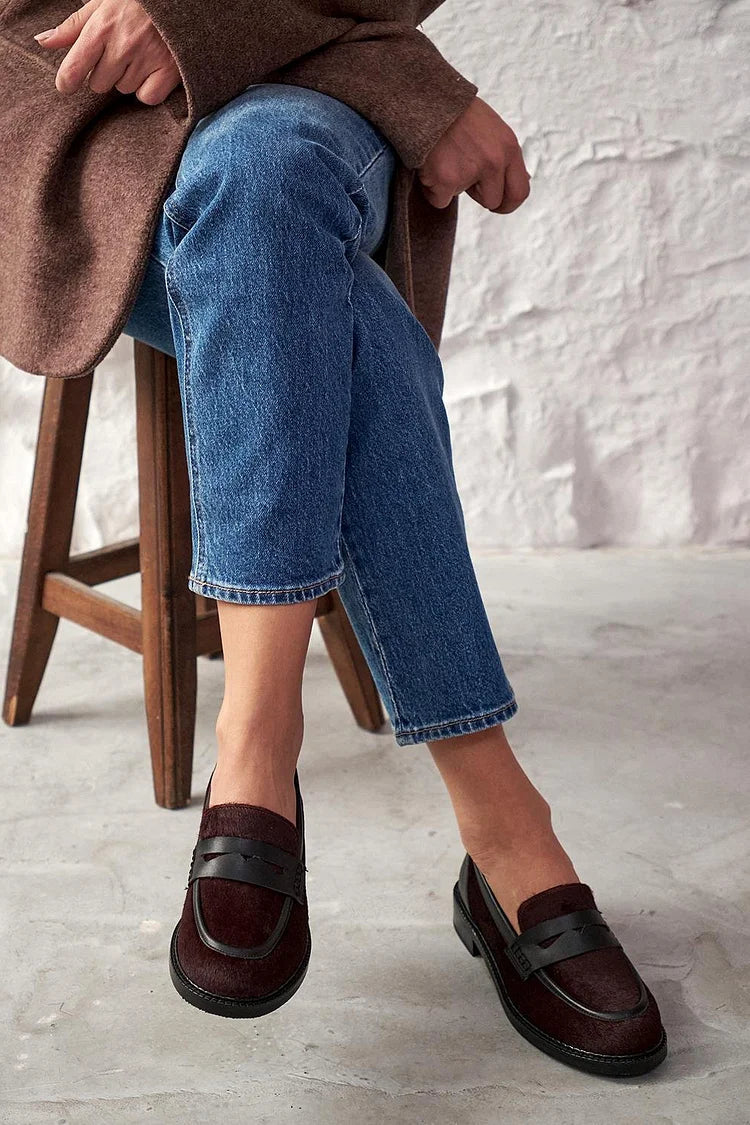 Patchwork Round Toe Low Block Heel Burgundy Loafers [Pre Order]