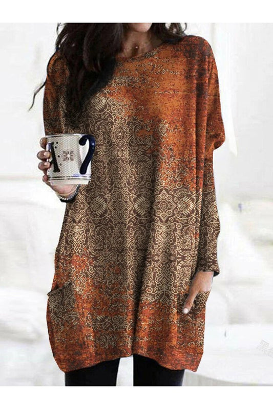 Ethnic Abstract Art Print Crew Neck Pockets Casual Blouse