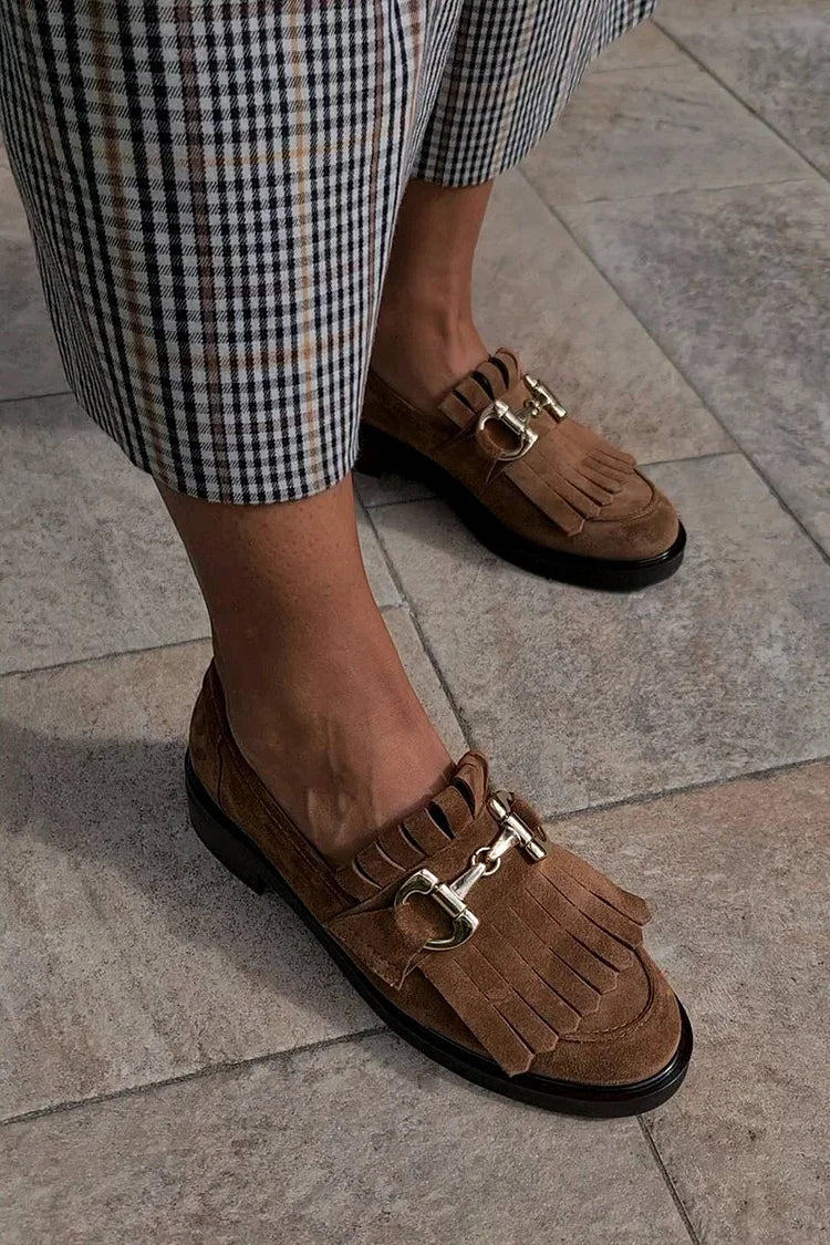 Metal Buckle Fringed Trim Round Toe Brown Loafers [Pre Order]