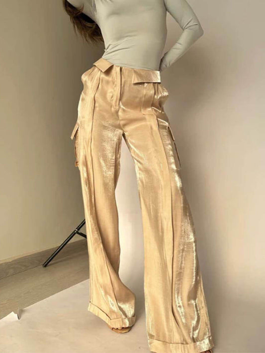 Golden Years Pantalones anchos con bolsillos y cintura con cordón y tejido brillante 