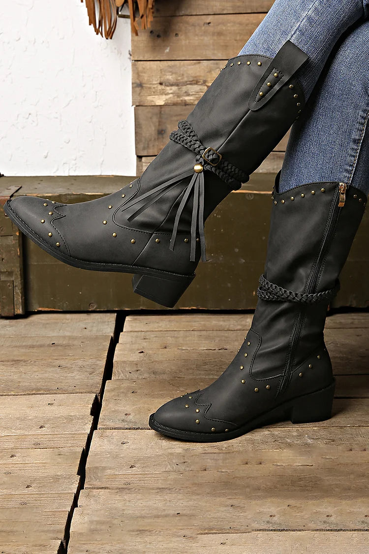 Metallic Studded Braided Strap Decor Pointed Toe Chunky Heel Mid Calf Boots