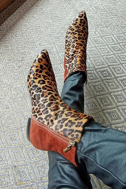 Leopard Print Colorblock Pointed Toe Brown Ankle Boots [Pre Order]