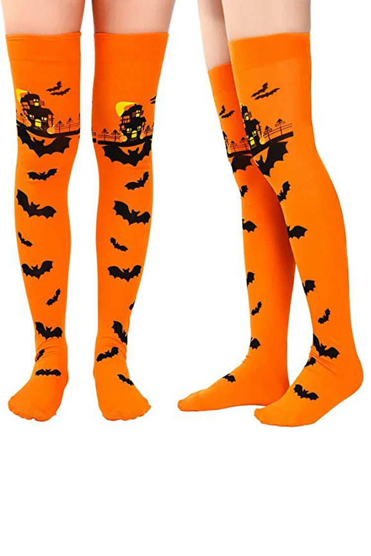 Calcetines hasta la rodilla con estampado de murciélagos de Halloween y noche de terror 