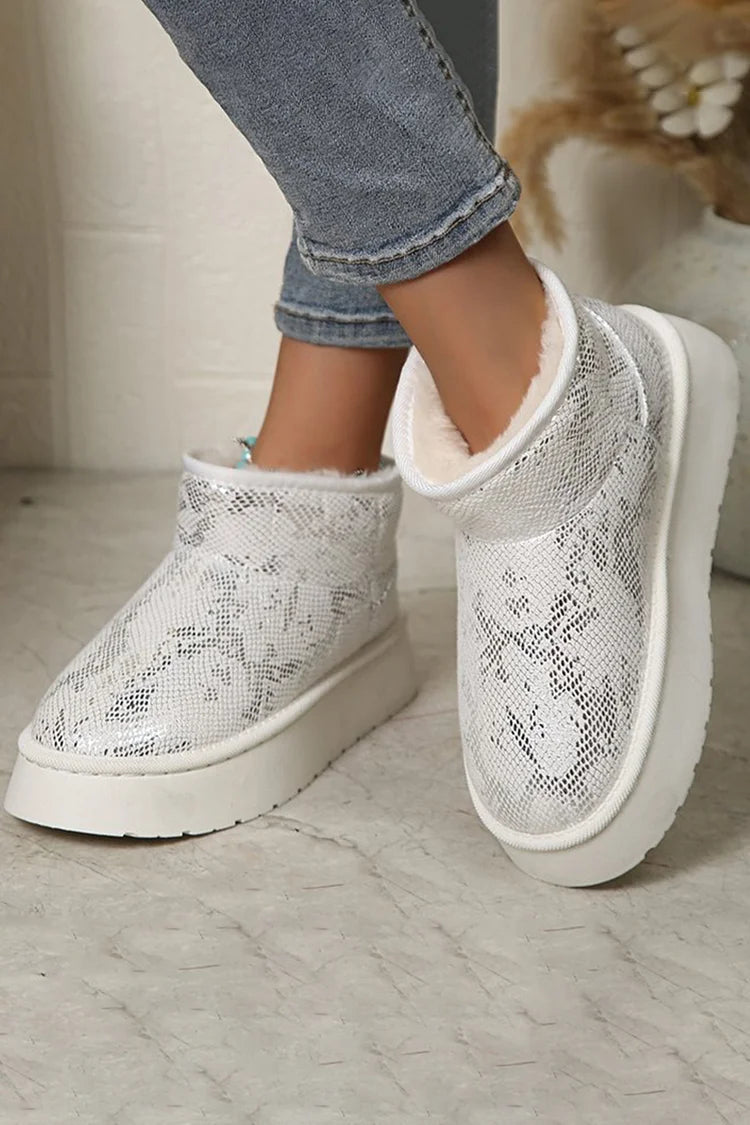 Snake Print Round Toe Faux Fur Lined Low Platform Snow Boots