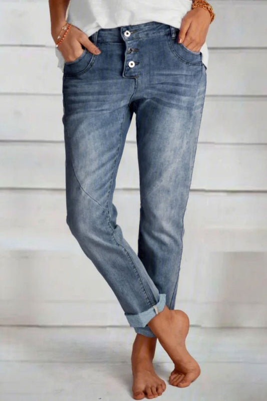 Jeans con bottoni con cerniera casual tinta unita e tasche 