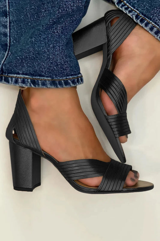 Cut Out Textured Solid Color Peep Toe Black Chunky Heels [Pre Order]
