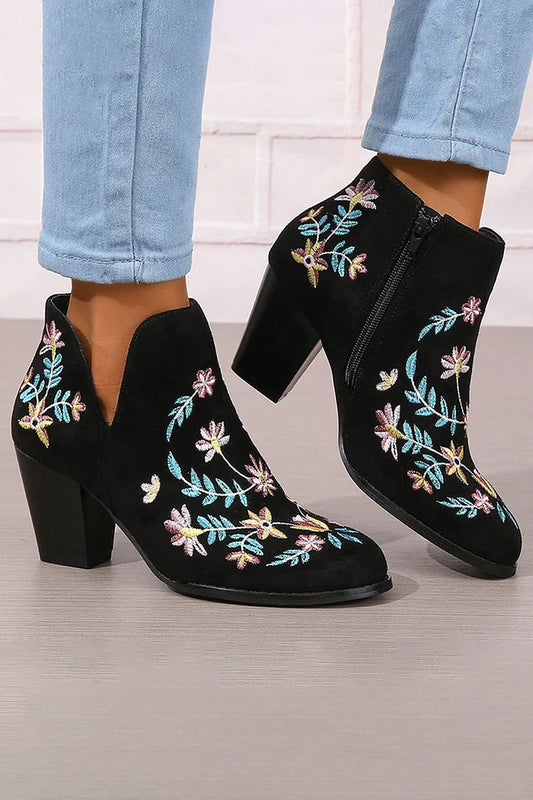 Floral Leaf Embroidery Round Toe Zipper Chunky Heel Ankle Boots