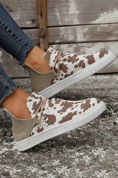 Cow Print Patchwork Round Toe Casual Flat Sneakers