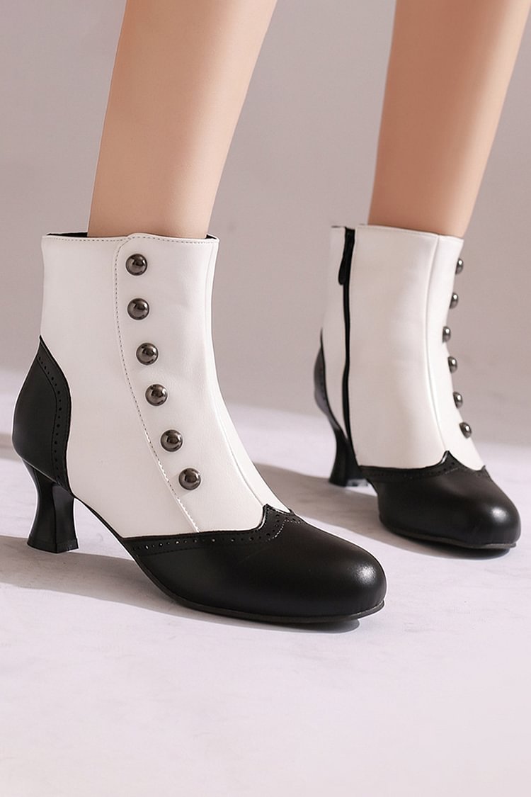 Colorblock Round Toe Metallic Studded Zipper Ankle Boots