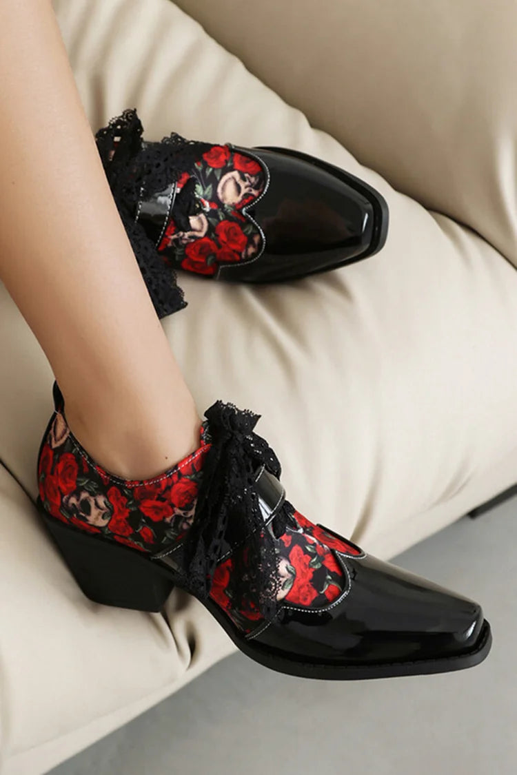 Roses Skull Print Patchwork Tied Up Lace Square Toe Chunky Heel Oxfords