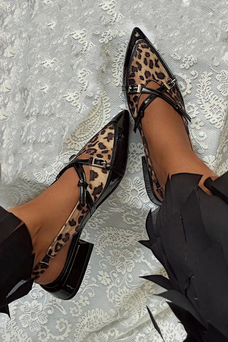 Patchwork Leopard Print Pointy Toe Slingback Khaki Flats