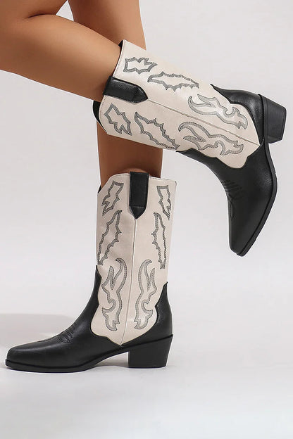 Colorblock Embroidery Pointed Toe Chunky Heel Mid Calf Boots