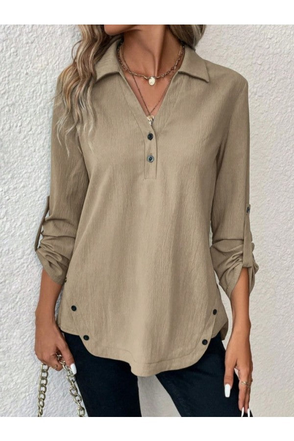 Notched Long Sleeve Plain Loose Blouse with Micro-Elasticity