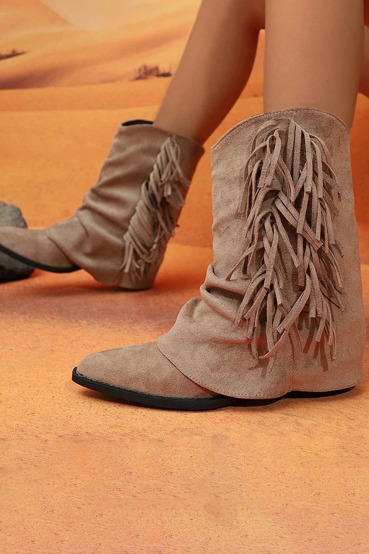 Fringed Trim Solid Color Fold Pointed Toe Chunky Heel Mid Boots