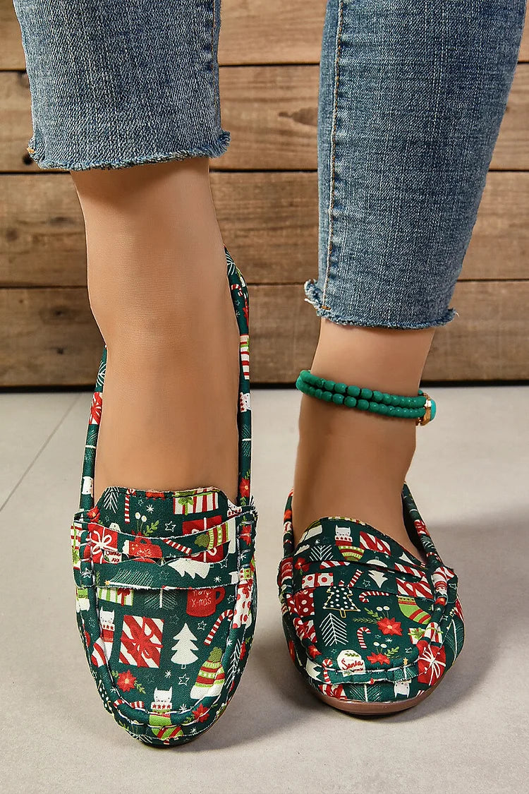 Christmas Print Patchwork Round Toe Casual Loafers