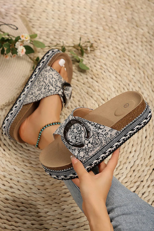 Allover Print Metal Buckle Decor Round Toe Casual Platform Slippers