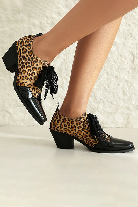 Tied Up Lace Leopard Print Patchwork Square Toe Chunky Heel Oxfords