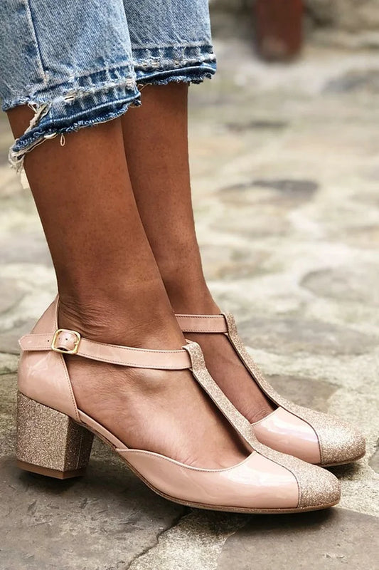 Glitter Patchwork Round Toe T-Strap Buckle Nude Chunky Heels [Pre Order]