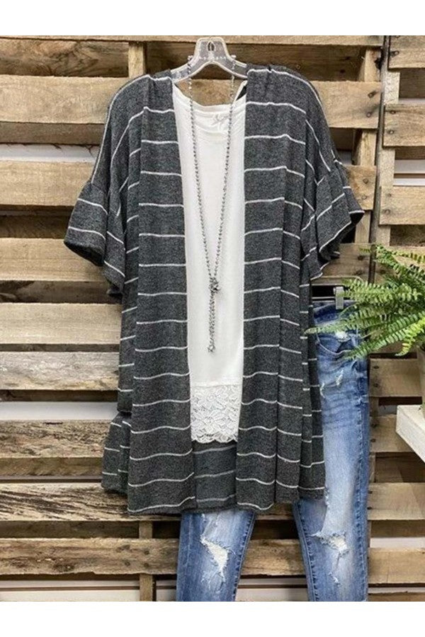 Striped Short Sleeve Loose Cardigan