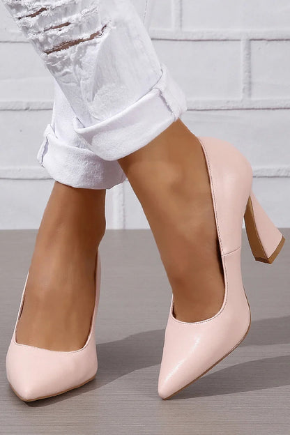 Casual Solid Color Pointy Toe Slip On Chunky Heels