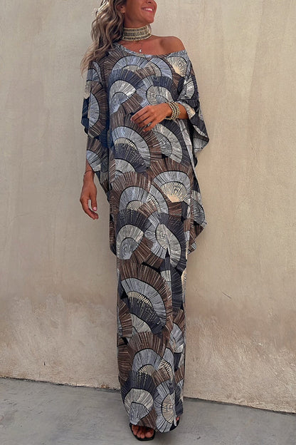 Vestido largo drapeado suelto con estampado de mármol geométrico