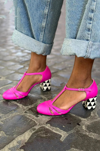 Hollow T-Strap Buckle Geo Pattern Print Fuchsia Chunky Heels