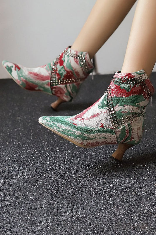 Colorblock Pattern Pointed Toe Rhinestone Decor Ankle Boots