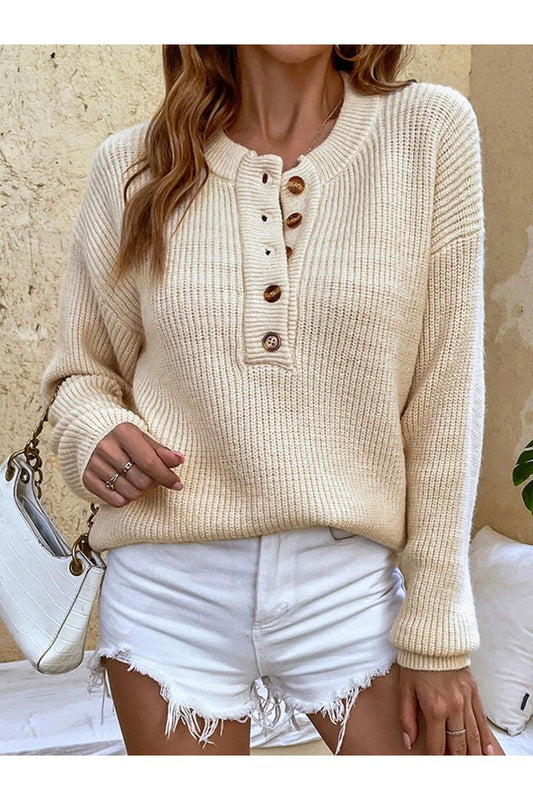 Casual Plain Long Sleeve Comfy Yarn/Wool Yarn Buckle Sweater