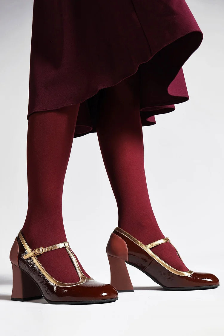 Colorblock T-Strap Buckle Patchwork Burgundy Chunky Heels [Pre Order]