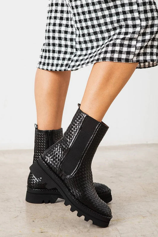 Woven Patchwork Round Toe Zipper Black Ankle Boots [Pre Order]