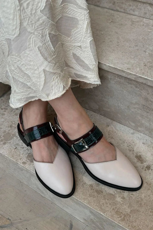 Colorblock Strap Buckle Round Toe Beige Flats [Pre Order]