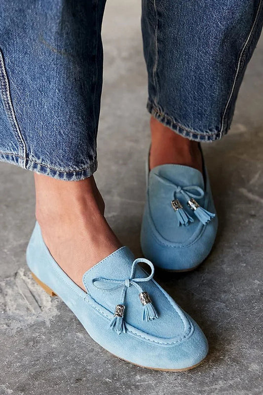 Bow Tassels Decor Solid Color Round Toe Blue Loafers [Pre Order]