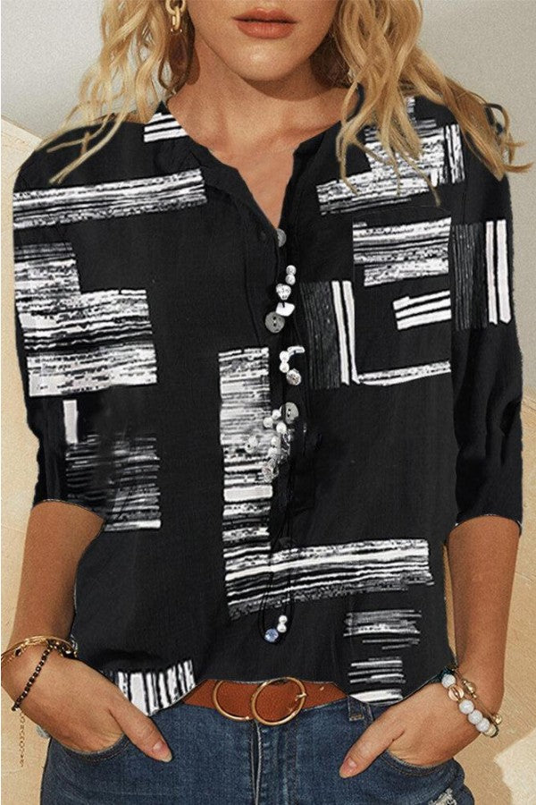 Abstract Print V-neck Long Sleeves Blouse