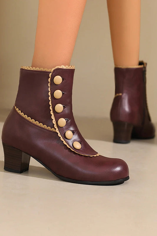 Buttons Colorblock Trim Round Toe Chunky Heel Ankle Boots